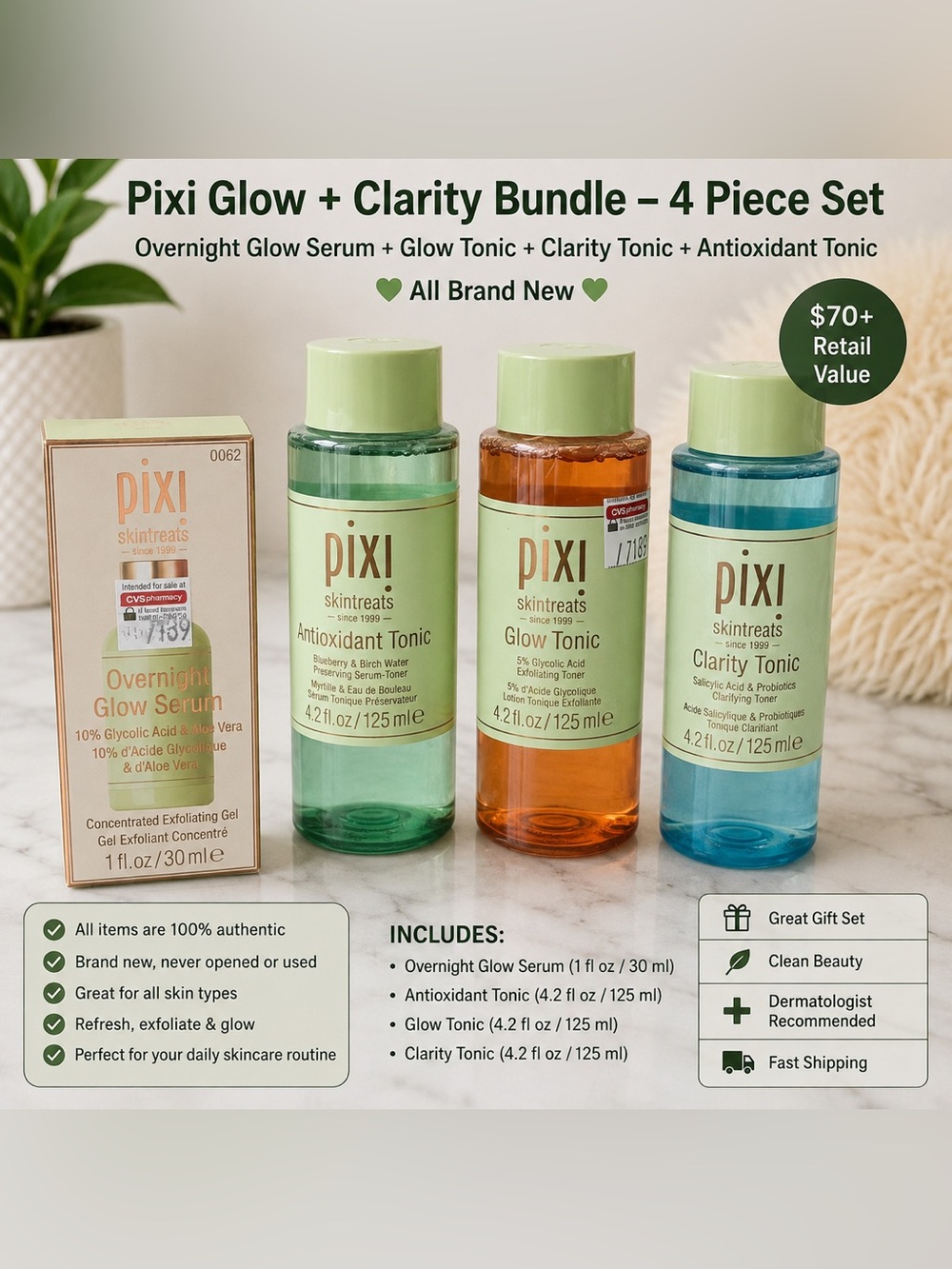 NEW Pixi Skincare Bundle Glow Tonic Clarity Tonic Antioxidant & Overnight Serum